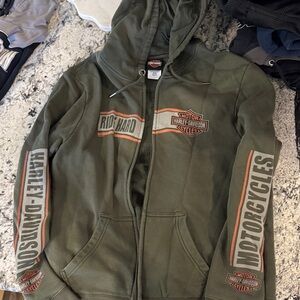 Harley-Davidson Olive Zip-Up Hoodie with Orange Accents